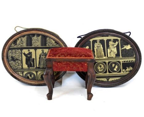 Pair of oval framed woven fabric panels depicting classical figures, one being the reverse of the other, together with a squa