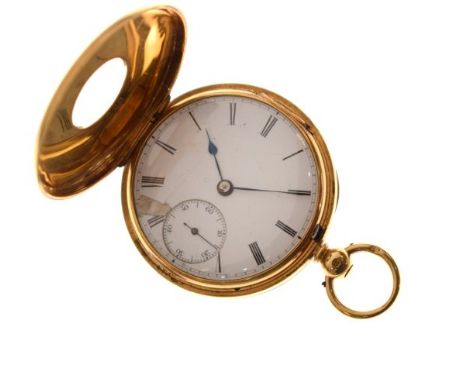 Gentleman's 18ct gold cased half hunter keywind pocket watch, the white enamel dial with subsidiary seconds dial having Roman