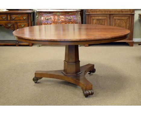 19th Century crossbanded mahogany circular snap top breakfast table, standing on a tapered hexagonal pillar and platform trip