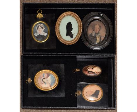 Collection of 19th Century portrait miniatures and an oval painted porcelain miniature depicting a young girl with dog and a 