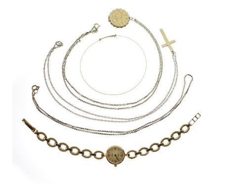 Lady's 9ct gold cased cocktail watch, a 9ct gold engraved bangle, 9ct gold engraved circular locket on chain, 9ct gold crucif