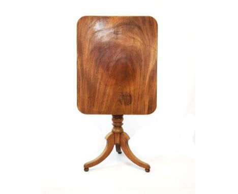 Victorian mahogany rectangular snap top tea table on turned column and splayed tripod base   Condition: 