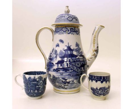 Newhall coffee pot, Caughley coffee cup and a Liverpool coffee cup c. 1790-1800. Condition Report: see terms and conditions.