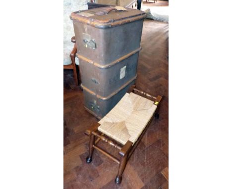 Laxite fibre travelling trunk and oak/rush seat stool. Condition Report: see terms and conditions.
