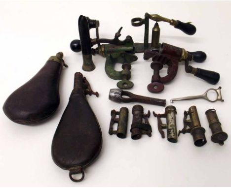 Collection of Powder Flasks, and shotgun, loading tools Condition Report: see terms and conditions.