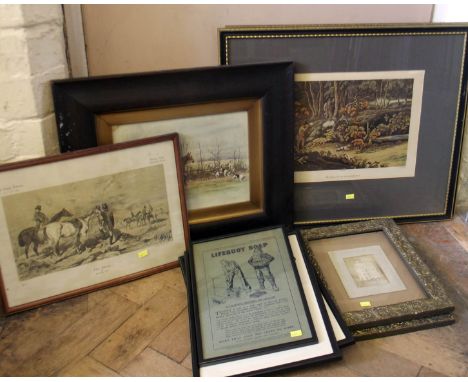 Lifeboat Soap advert, hunting print, two watercolours, two sporting prints and framed early 20th century photographs. Conditi