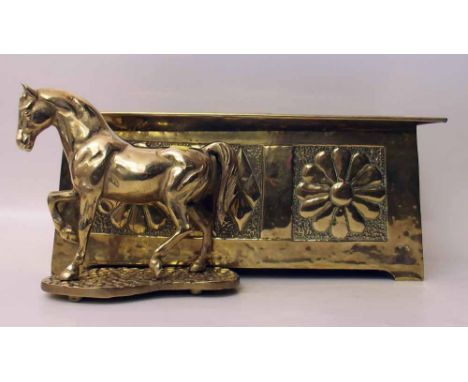 Brass horse on base 7" high and an Art Nouveau brass embossed planter. Condition Report: see terms and conditions.