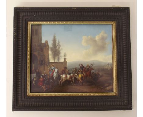 Oil on copper of hunting party. Condition Report: see terms and conditions.