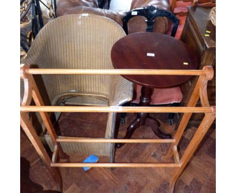 Lloyd Loom chair with chrome edge, Lloyd Loom stool, pine four bar towel rail, ebonised bedroom chair and mahogany circular t