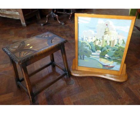 Oak stool, firescreen. Condition Report: see terms and conditions.