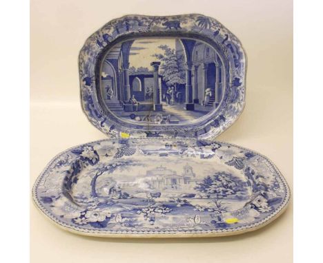 Staffordshire blue transfer Italian scenery meat plate and a similar Spode meat plate. Condition Report: see terms and condit
