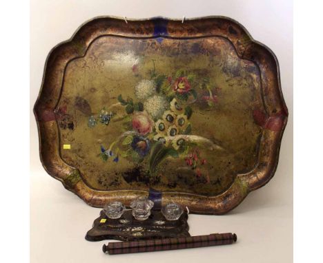 Victorian papier mache tray and a desk set, also a tartan ware rolling pin. Condition Report: see terms and conditions.