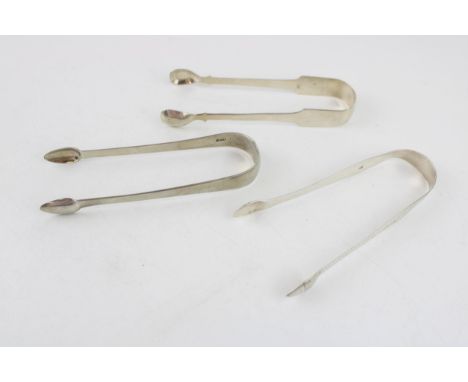 Three pairs of silver tongs to include a pair of Georgian bright cut tongs, London, circa 1795, P &amp; A Bateman, a pair of 