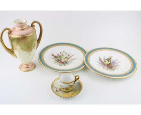 Ceramics to include two Royal Worcester floral plates, jewelled gilt decoration, an early Coalport two handled vase with gilt