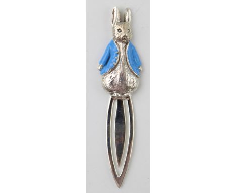 Contemporary sterling silver bookmark of Peter Rabbit, blue enamel coat, 7.5cm long.