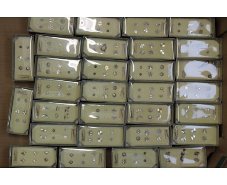 A large collection of new old stick sterling silver earrings, in plastic / cardboard cases, generally 3 pairs per box (30).  