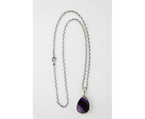 Sterling silver teardrop pendant, double sided, set Blue John and Mother of Pearl, sterling silver necklace, gross 12.6g.