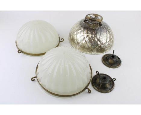 Two Jefferson 1228 FOLLANSBEE W.VA. REG. No. 695444 opaline glass Art Deco light shade with brass gallery mounts, together wi