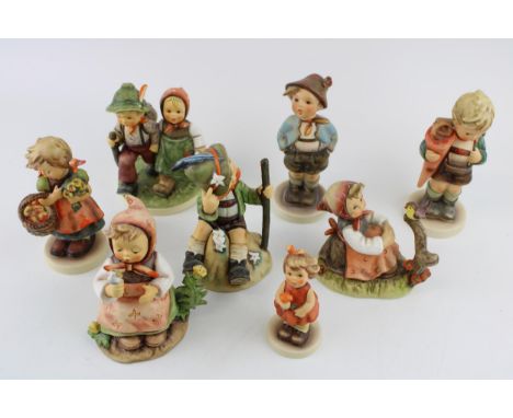 Goebel Hummel figures to include Going Home, Mountaineer, Roses Are Red, Girl with a Bird, Make a Wish, a Hiker, Brother and 