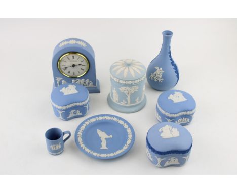 A collection of Wedgwood Jasperware items in Tri Colour, Wedgwood blue and Light Blue to include Tri Colour Seasons Bud Vase 