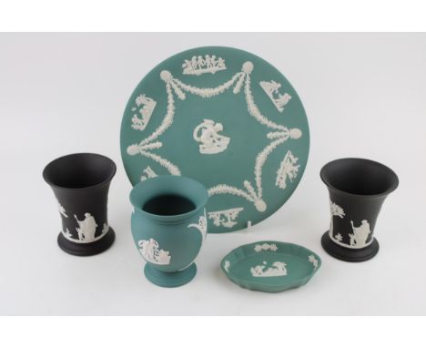 A collection of Wedgwood Jasperware items in Teal and Black colours to include pair of vases, pin tray, 9" plate, and other s