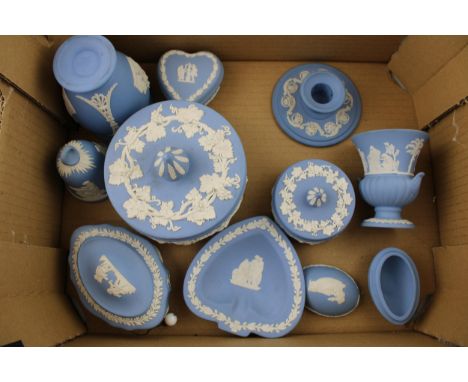 A collection of Wedgwood Jasperware items to include vases, pin trays, heart shape box, candle stick and other similar items.