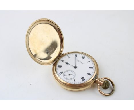 A top winding full hunter Waltham pocket watch in gold plated Dennison case. (case diameter 50.5mm)  Watch a/f currently not 