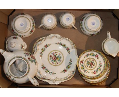 A part Coalport tea service in the 'Ming Rose' pattern to include tea pot, sandwich / cake plates, sugar bowl, tea cups and s