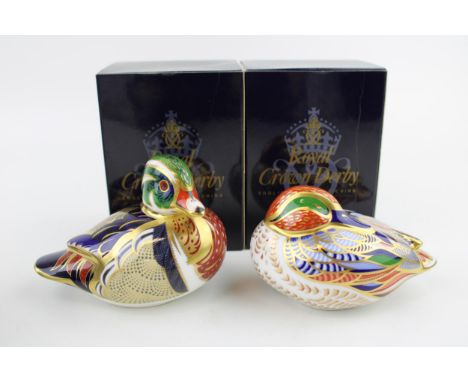 Boxed Royal Crown Derby paperweights, Teal and a Carolina, first quality with gold stoppers (2).  In good condition with no o