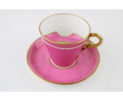 Royal Worcester pink moustache cup, Christopher Dresser style, beaded decoration, gilded decoration, ribbon and bow style han