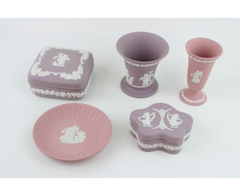 A collection of Wedgwood Jasperware items in Pink and Lilac colours to include 4" Vase, Lidded trinket boxes, pin trays and o