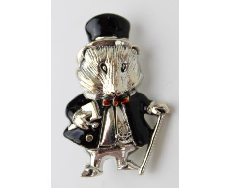 Contemporary sterling silver brooch, Beatrix Potter character 'Amiable Guinea Pig', black enamel jacket, 35mm tall.