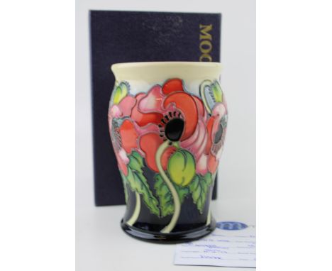 Boxed Moorcroft Poppy Trial vase, dated 2017, Emma Bossons, first quality, 14cm tall.  In good condition with no obvious dama