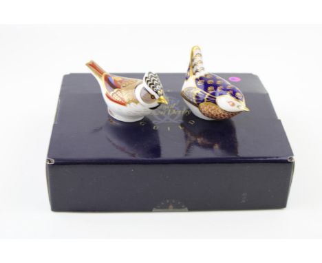 Two Royal Crown Derby paperweights, boxed Crested Tit and a Wren, first quality with stopper (2).  In good condition with no 