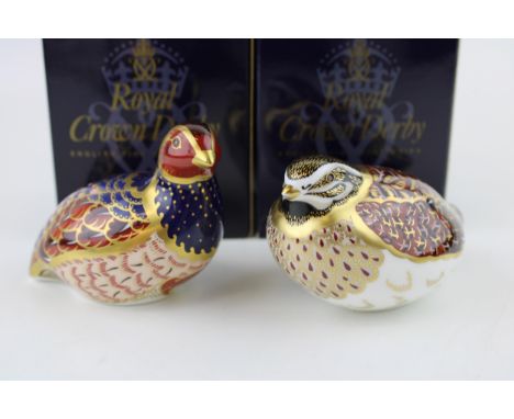 Two boxed Royal Crown Derby paperweights, limited edition Partridge and a Dappled Quail, first quality with gold stoppers (2)
