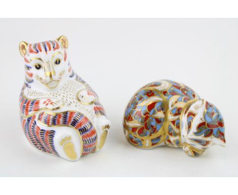 Royal Crown Derby paperweights to include a tiger cub and a sleeping cat (2), first quality with stoppers.  In good condition