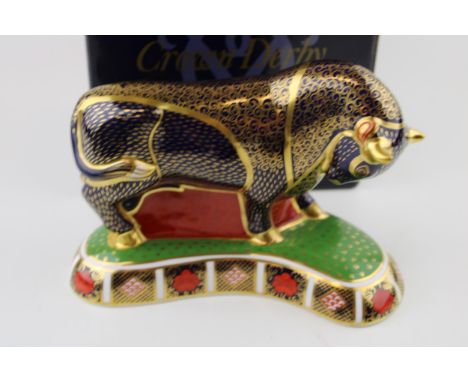 Boxed Royal Crown Derby paperweight, Grecian Bull, first quality with gold stopper.  In good condition with no obvious damage