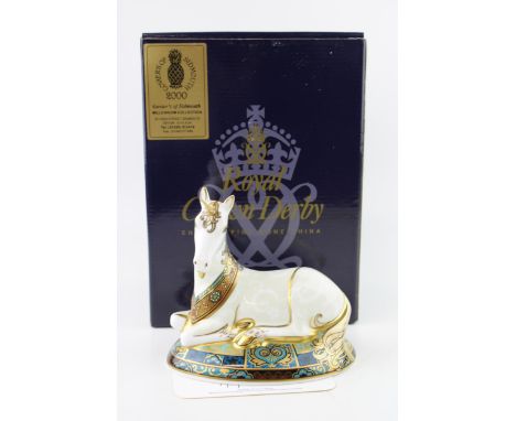 Boxed Royal Crown Derby paperweight, Unicorn, first quality with gold stopper, with certificate.  In good condition with no o