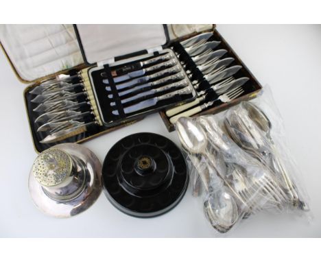 Silver plated items to cutlery, silver handled knives, boxed sets, a hat pin stand and a CaversWall pottery thimble stand.