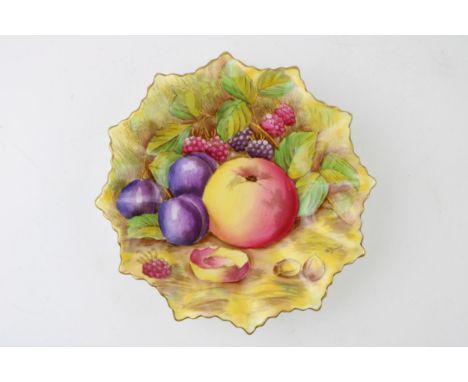 An Aynsley Orchard Gold scalloped edge trinket dish with gold edge. Signed D. Jones. 13.5cm.  Of first quality with crazing t