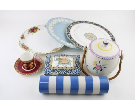 Pottery to include a T G Green blue and white rolling pin section, Wedgwood Dancing Hours cup and saucer, a Queensware plate 