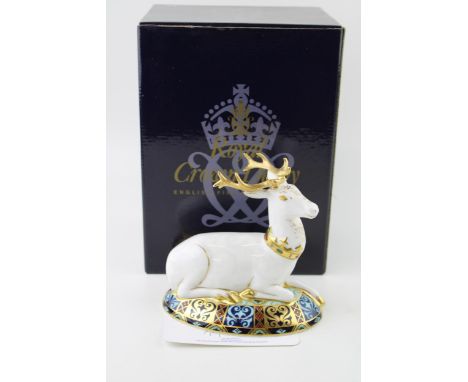 Boxed Royal Crown Derby paperweight, The White Hart, first quality with gold stopper, with certificate.  In good condition wi