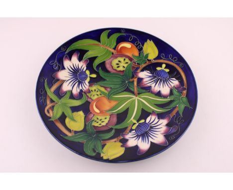 Large Moorcroft charger / shallow bowl in the Passion Fruit design, Rachel Bishop, Mediterranean collection, first quality, 2