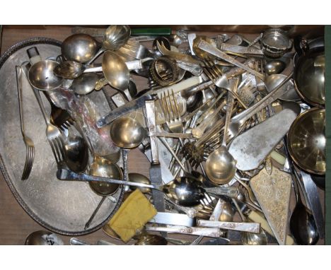 A collection of silver-plated items to include tray, sugar bowl and cream and a quantity of flatware. (Qty)