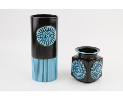 A pair of Hornsea pottery vases in the 'Impact' pattern to include a cylindrical vase 631 and a squat vase 634. Height 19cm. 