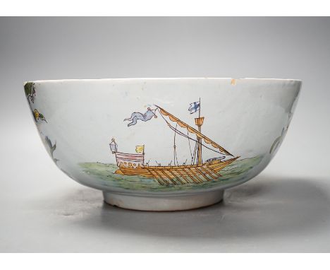 Lord Admiral Nelson. A commemorative Delftware punch bowl, 19th century, painted in polychrome with a portrait of Nelson, as 