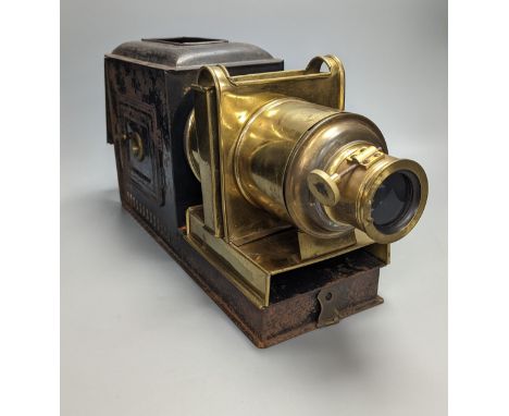 A cased tinplate and pressed brass Magic Lantern, Case 46 cm long
