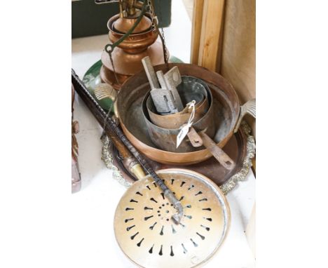 A quantity of copper wares, including a copper railway light.