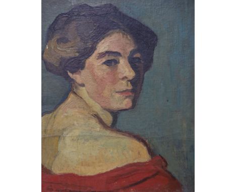 Bernheim-Jeune Gallery, oil on canvas, portrait of a lady, label remnant verso, 51 x 42cm.