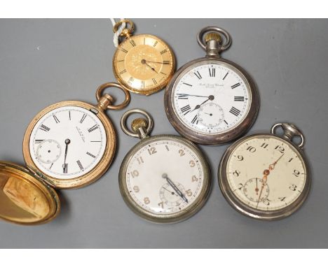 A collection of assorted pocket watches, including 1940's military, an 18k fob watch (gross 40.2grams), gold plated and engin